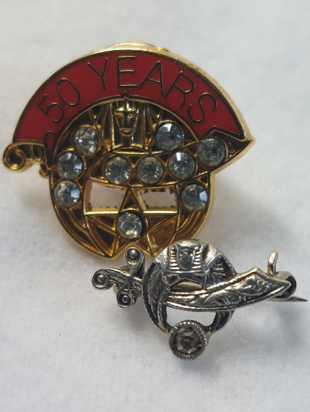 VTG Estate Shriners Pin Lot of 2 – Antique Scimitar Brooch & 50 Year Lapel Pin